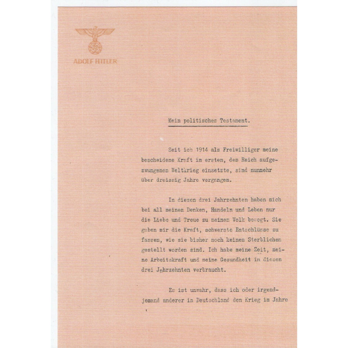 Testamento Político de Adolf Hitler — Copia Facsímil, 29 Abril 1945 (10 págs.)