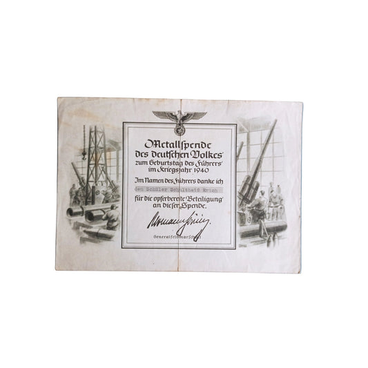Certificado de Agradecimiento del Führer — Donación de Hierro, III Reich