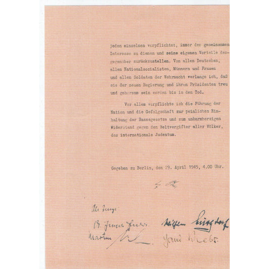 Testamento Político de Adolf Hitler — Copia Facsímil, 29 Abril 1945 (10 págs.)